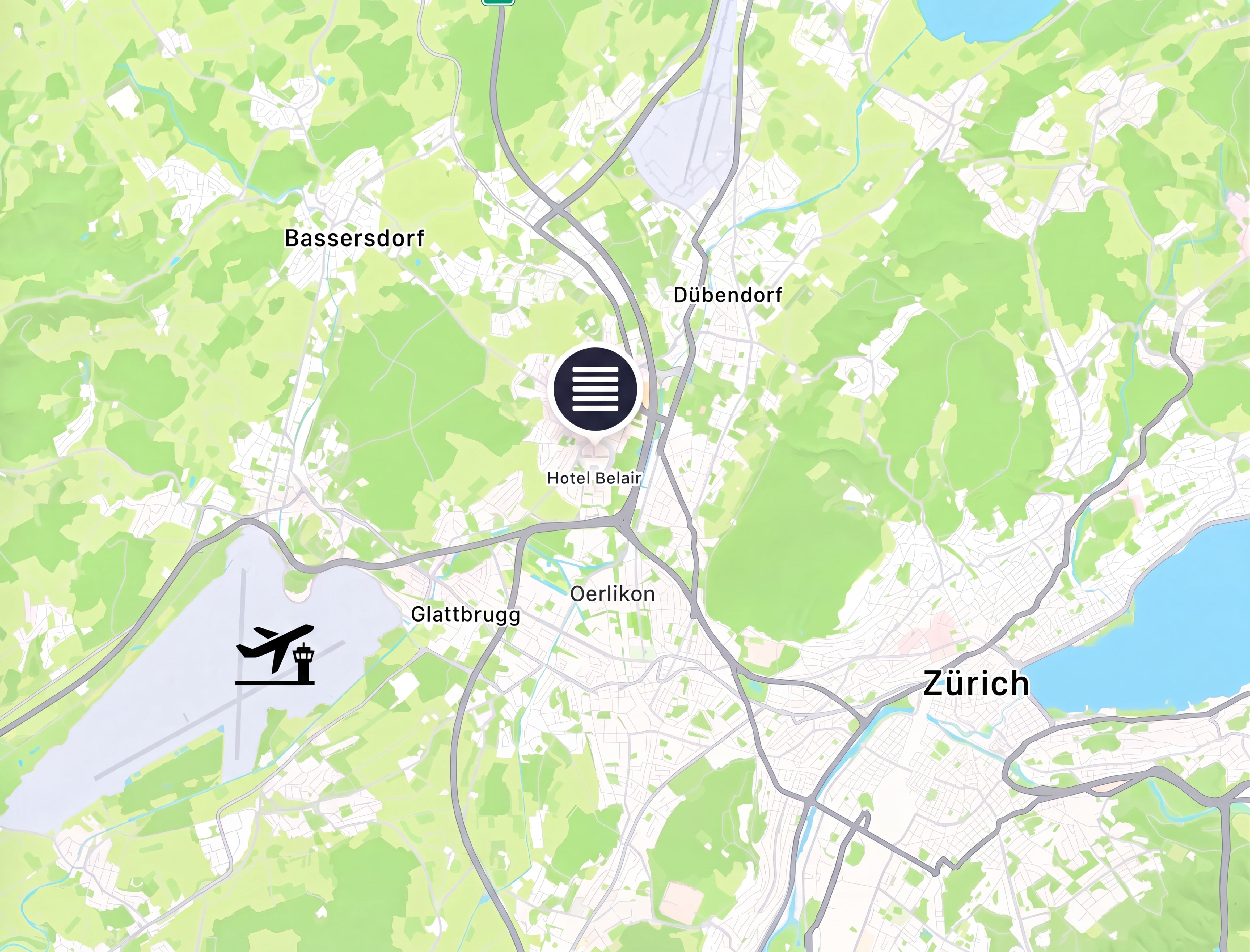 Karte der Region Zürich: Standort des Hotel Belair in Wallisellen, zwischen Flughafen Zürich und Zürich